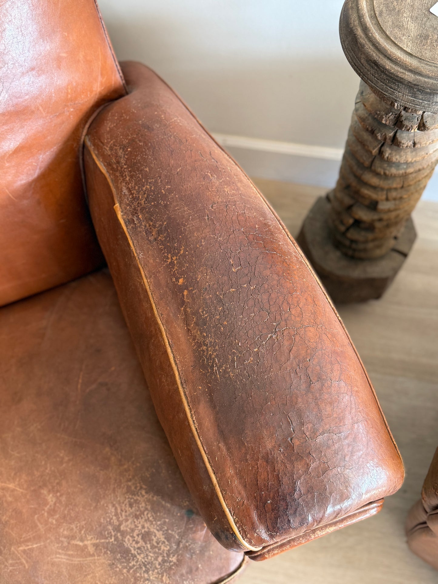 Pair of Two Antique Oversized French Leather Club Chairs