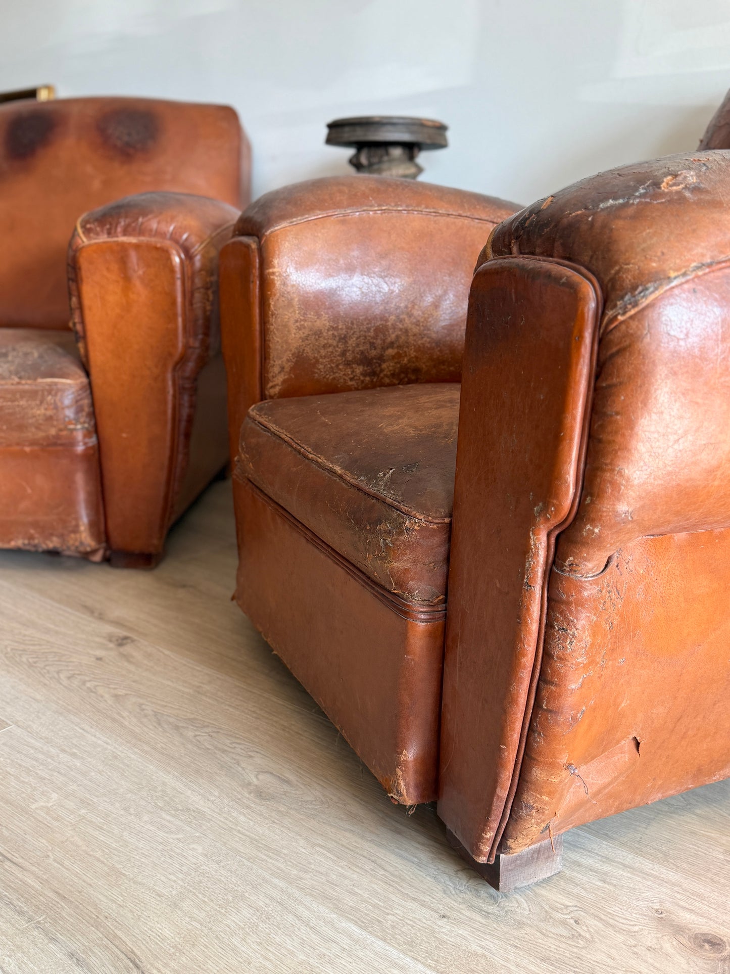 Pair of Two Antique Oversized French Leather Club Chairs