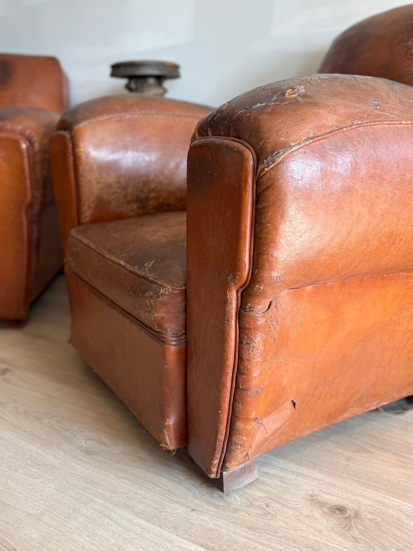 Pair of Two Antique Oversized French Leather Club Chairs