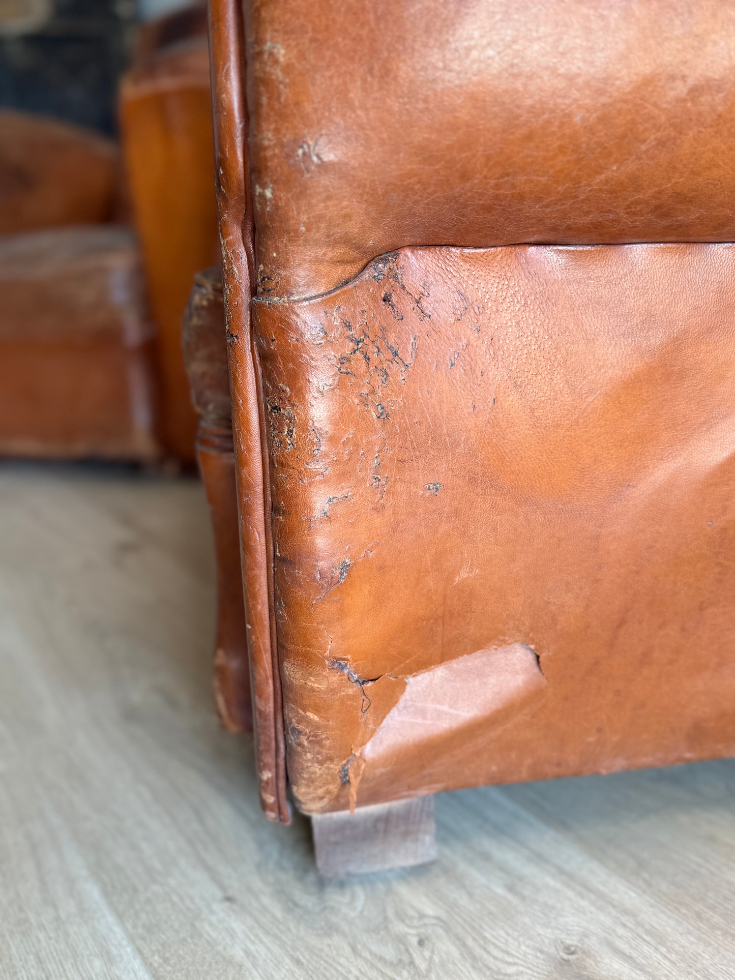 Pair of Two Antique Oversized French Leather Club Chairs