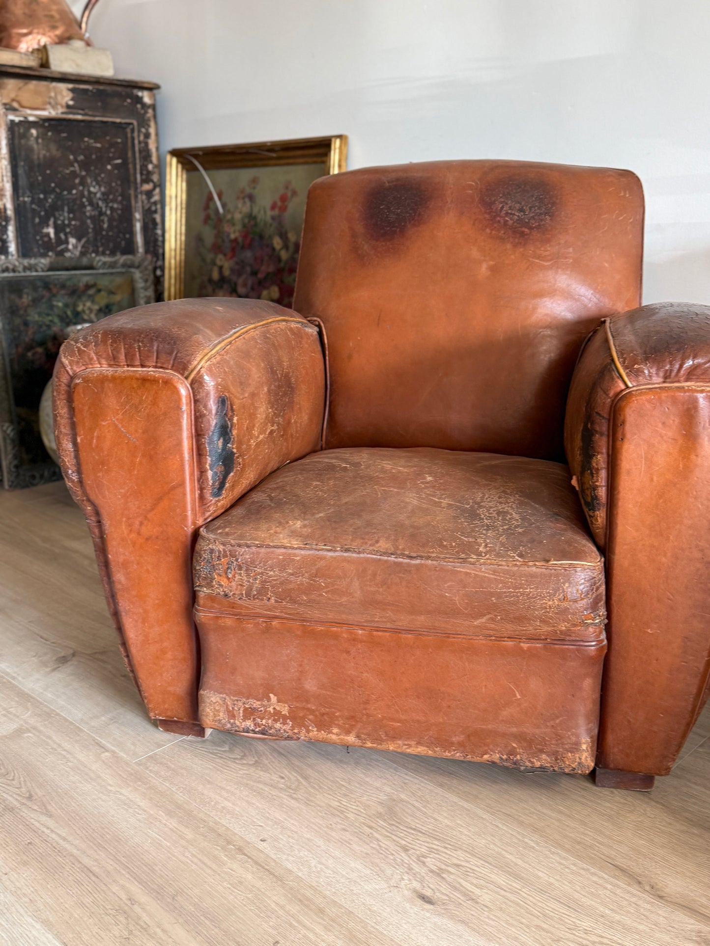 Pair of Two Antique Oversized French Leather Club Chairs