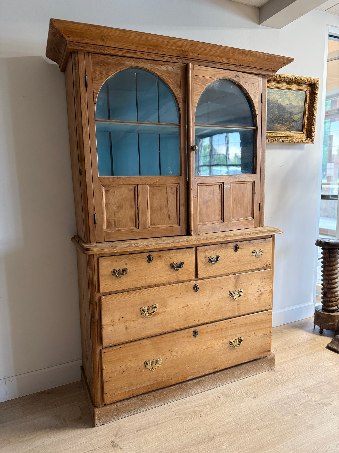 Antique English Pine Hutch with Original Glass Upper