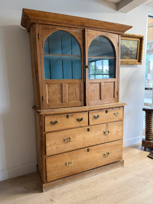 Antique English Pine Hutch with Original Glass Upper