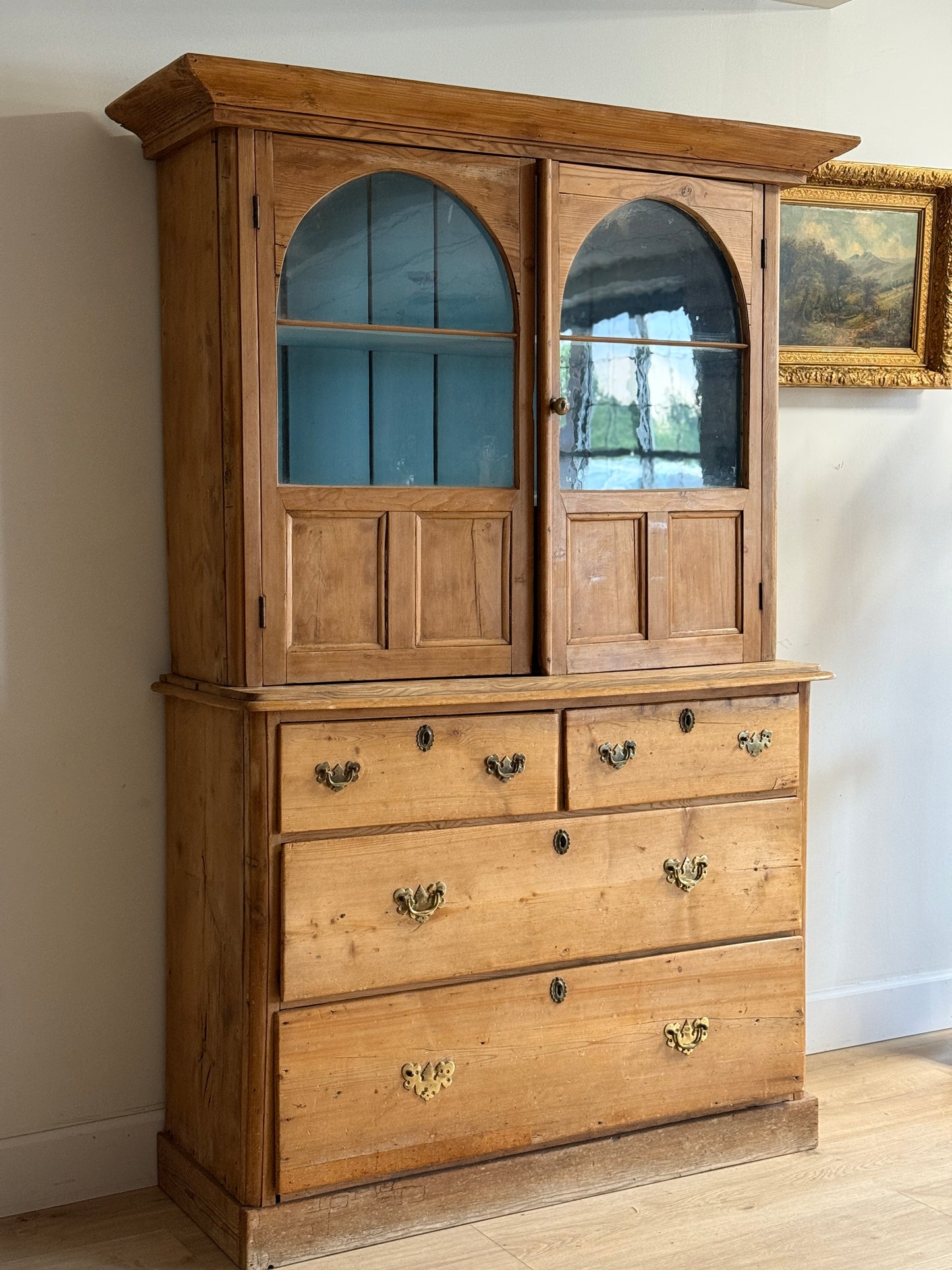 Antique English Pine Hutch with Original Glass Upper