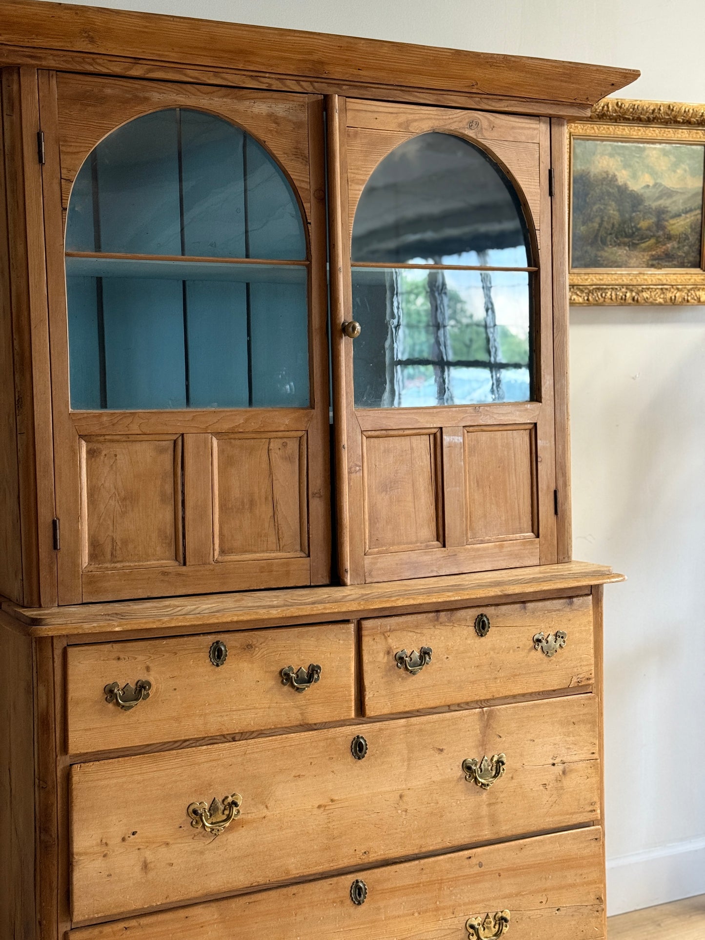 Antique English Pine Hutch with Original Glass Upper