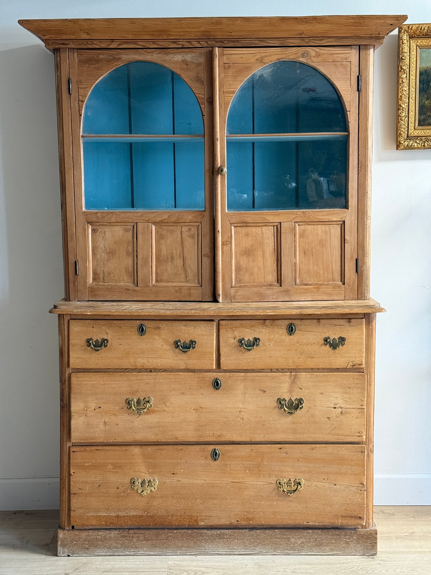 Antique English Pine Hutch with Original Glass Upper