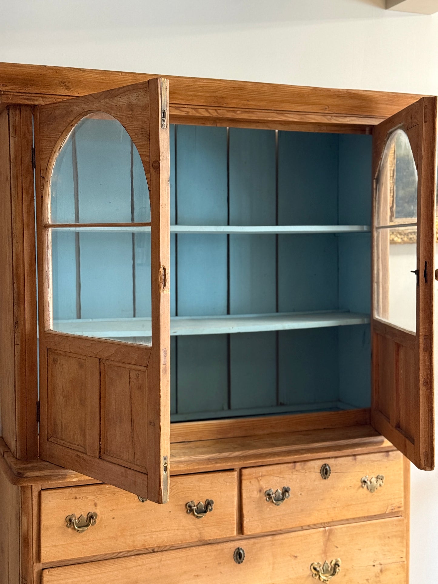 Antique English Pine Hutch with Original Glass Upper