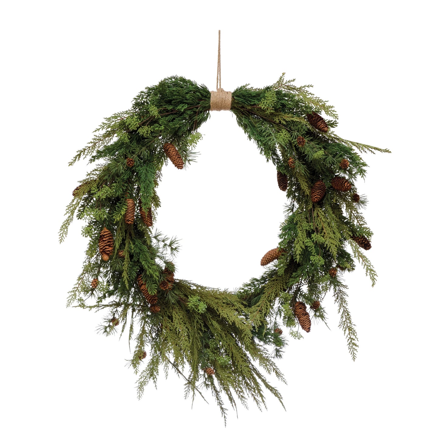 Large Faux Pine Wreath with Pinecones and Jute Hanger