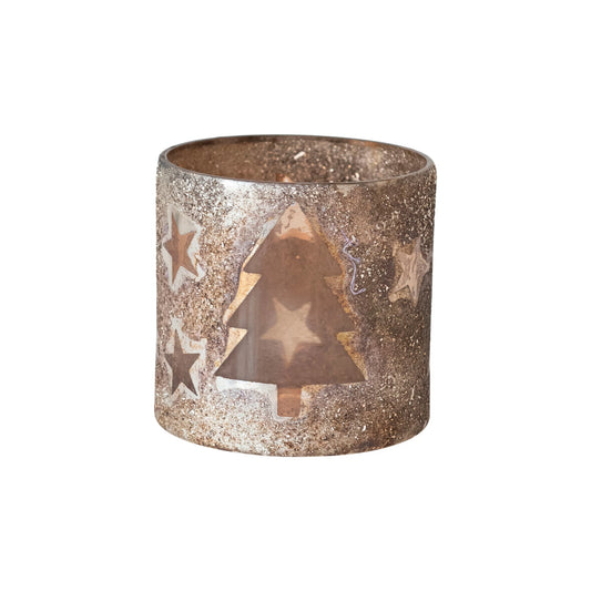 Mercury Glass Votive Holder w/ Laser Etched Trees & Stars, Distressed Pewter Finish