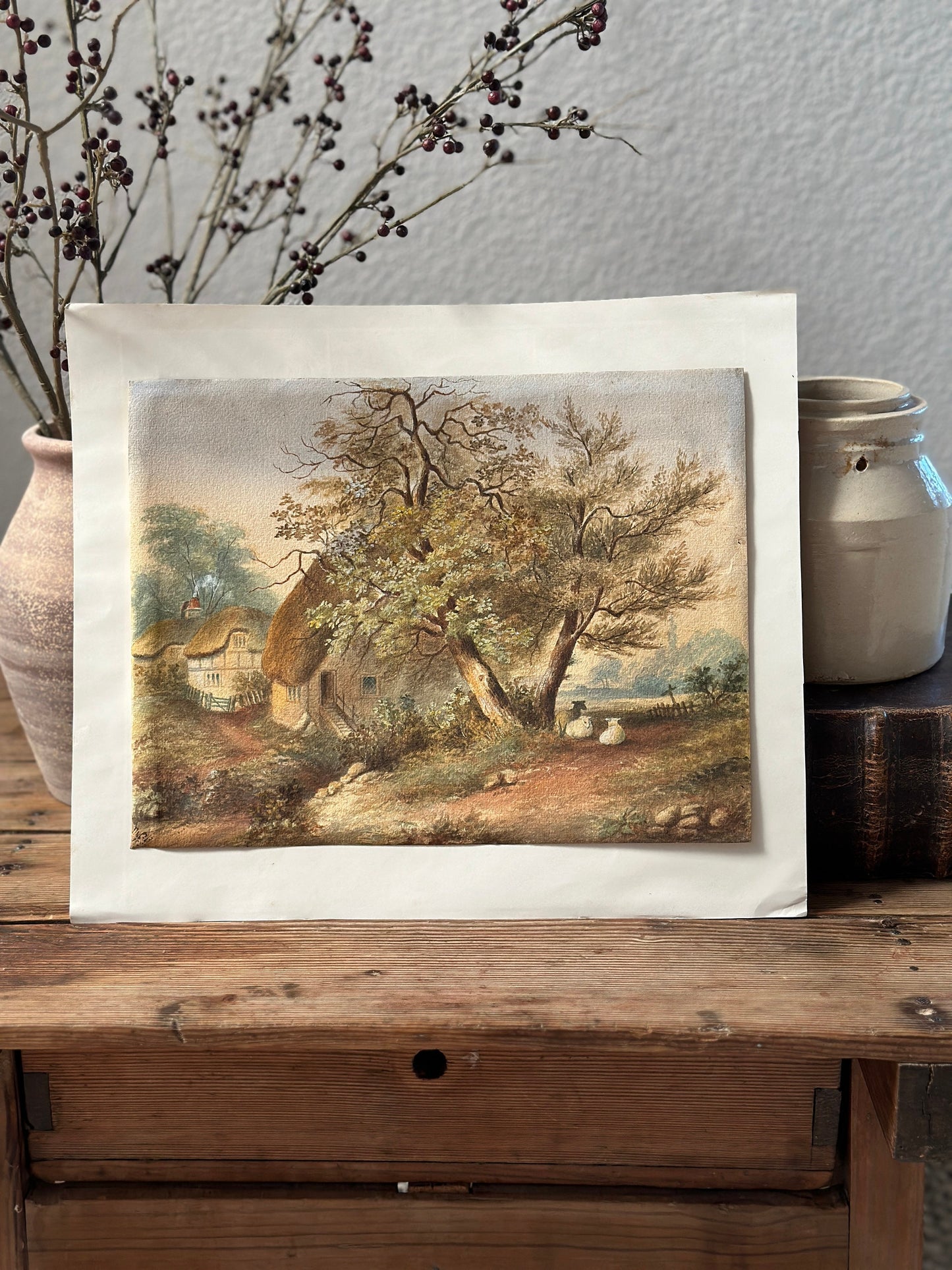 Original Antique Watercolor Painting 19th c. Landscape
